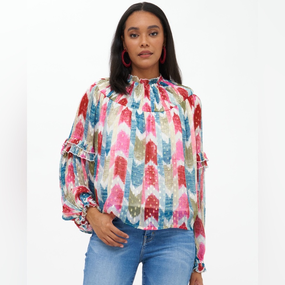 Oliphant Red and Pink Ruffled Blouse with Peter Pan Collar - Picture 2 of 2